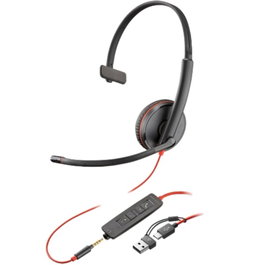 Poly Auriculares con Micrófono Blackwire 3215 Mono, USB-C y Jack 3.5mm, Incluye Adaptador USB-C/A, Color Negro - 8X227AA